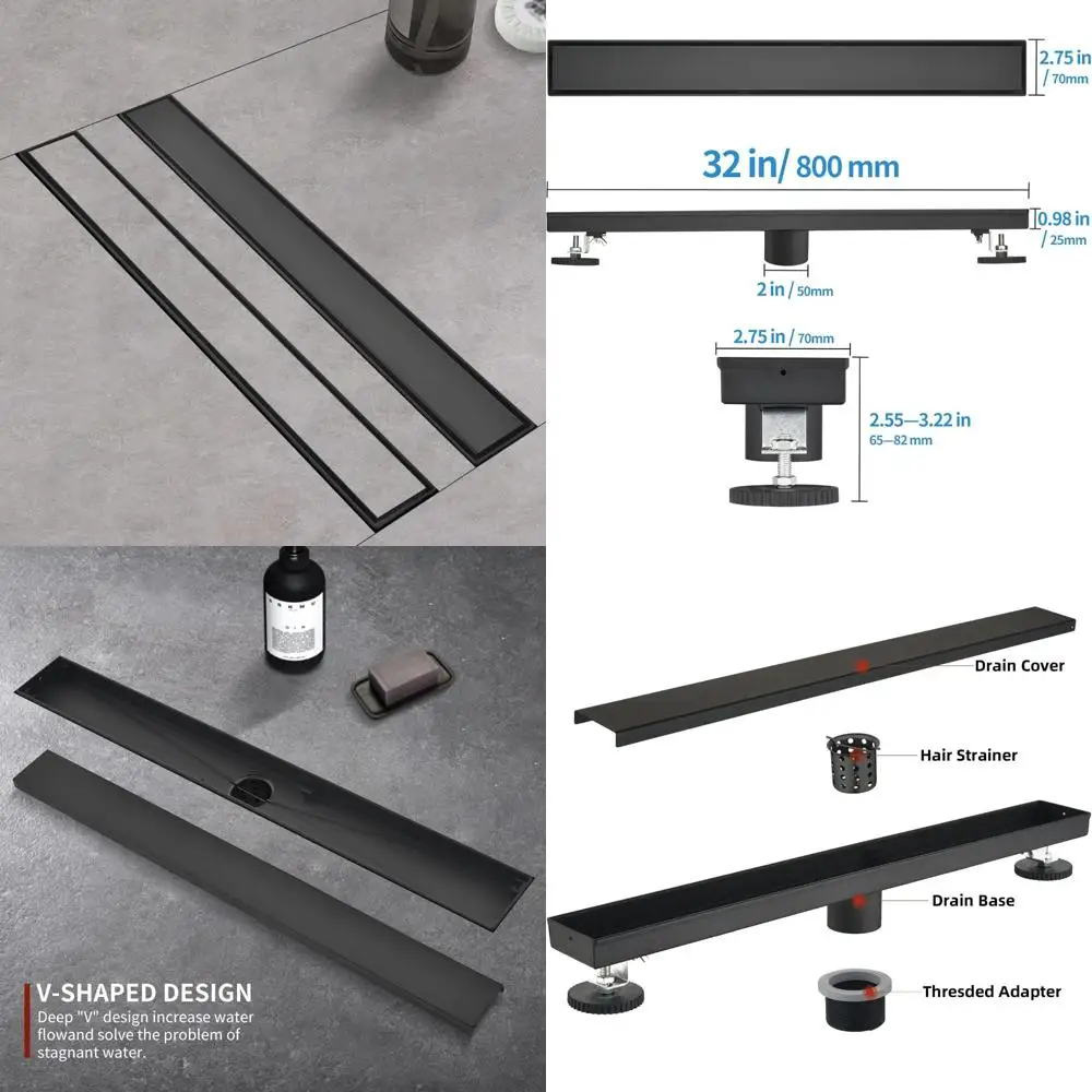 استنزاف دش مستطيل من الفولاذ المقاوم للصدأ 304 باللون الأسود مقاس 32 بوصة مع لوحات إدخال البلاط وصائد الشعر للتصميم الخطي