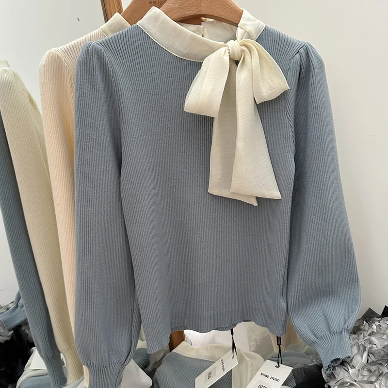 Chic Korean Bow Sweater Women Autumn Winter Long Puff Sleeve Pullover Sweaters Patchwork Knitted Sweater Pull Femme