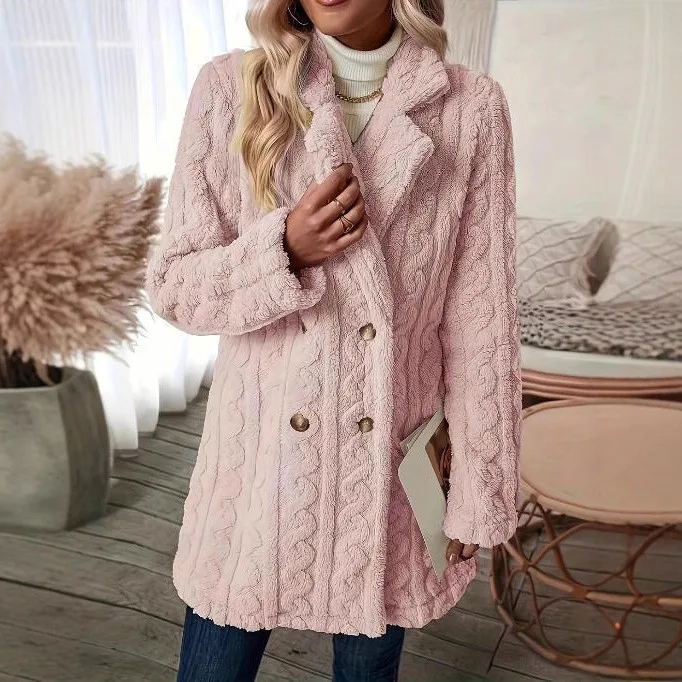 Thick Casual Coat Regular Fit Commuter Style with Double Breasted Two Button Closure Notched Lapel Wrinkle Finish Women Coat