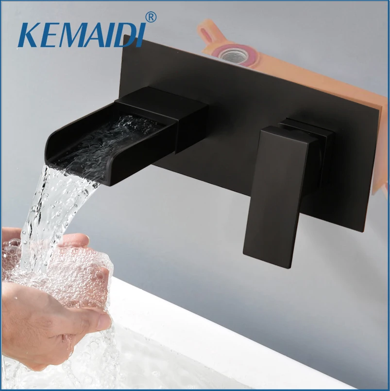 

KEMAIDI Matte Black Basin Faucet Embedded Box Valve Bathroom Sink Faucets Wall Mounted Single Handle Waterfall Mixer tap Crane