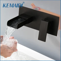 KEMAIDI Matte Black Basin Faucet Embedded Box Valve Bathroom Sink Faucets Wall Mounted Single Handle Waterfall Mixer tap Crane