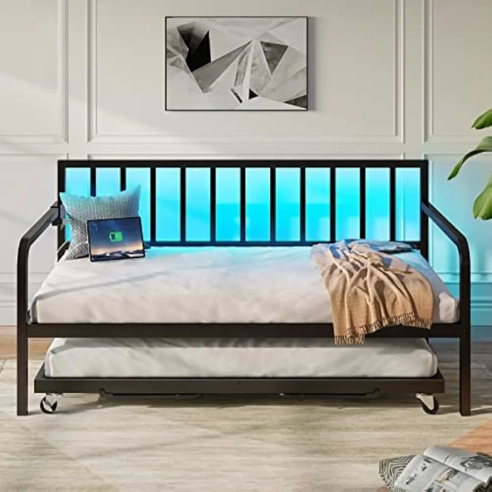 with Charging Station and LED Lights, Height Adjustable Twin Daybed with Trundle, Metal Sofa Bed Frame with Steel Slat Support