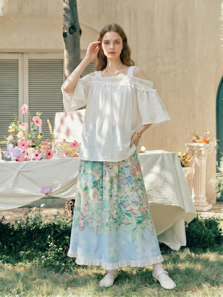 

Summer 2026 Women's Vacation Style Shoulder Bared Printed Top And High Waist Skirt Two Piece Set Casual Loose Fit Polyester