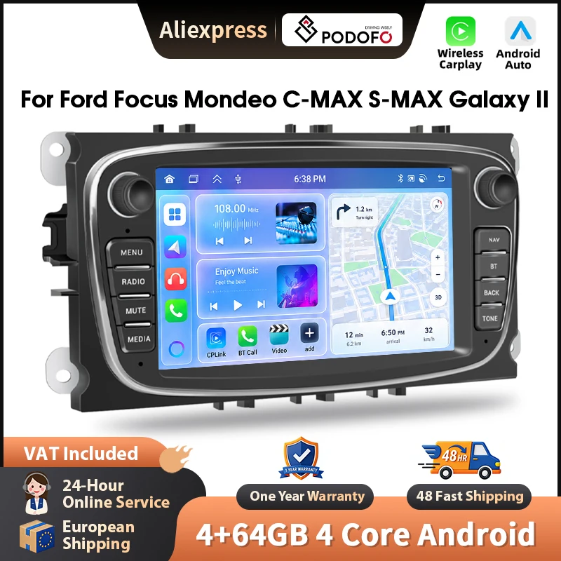 Podofo 7-Zoll Auto-Radio für Ford Focus Mondeo C-MAX S-MAX Galaxy II Kabelloses CarPlay Android Auto-Multimedia-Stereo WIFI GPS-Navigation FM/RDS BT 2din Haupteinheit HD EQ Touchscreen Mirrorlink Wifi