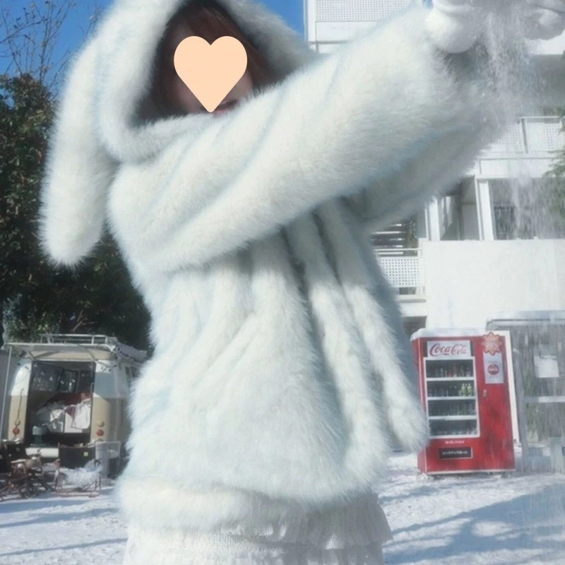 Gradient Faux Fur Coat Women Rabbit Ears Hoodie Eco Friendly Leather Thick Warm Winter Jacket Kawaii Sweet Girl Snow Outfit