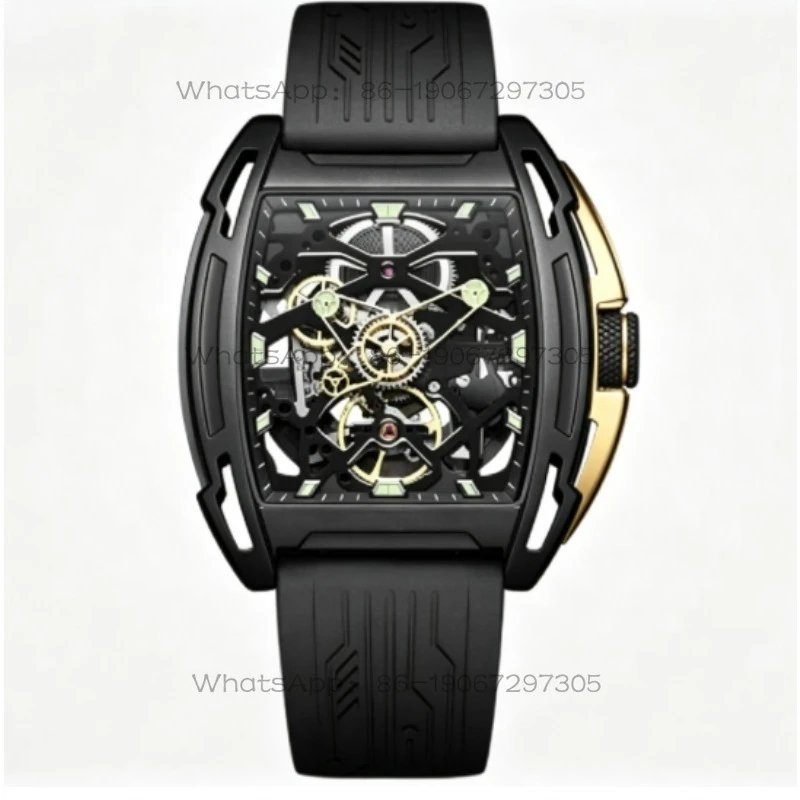 Men's barrel-shaped hollow automatic mechanical watch, full hollow dial rubber strap watch