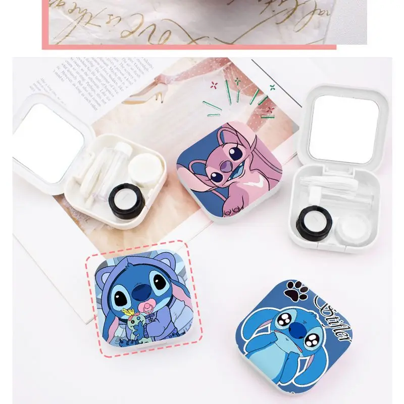 Disney Stitch Fashion Contact Lens Case Beauty Eye Box Container Cartoon Mini Glasses Care Box Storage Box with Tweezer Mirror