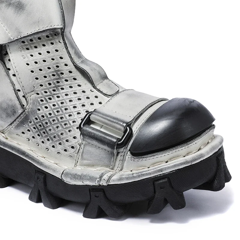 Menโs Genuine Leather Motorcycle Boots,Skull Punk Platform Boots Goth ,Western Cowboy Mid-calf Tactical Boots Work & Safety Shoe