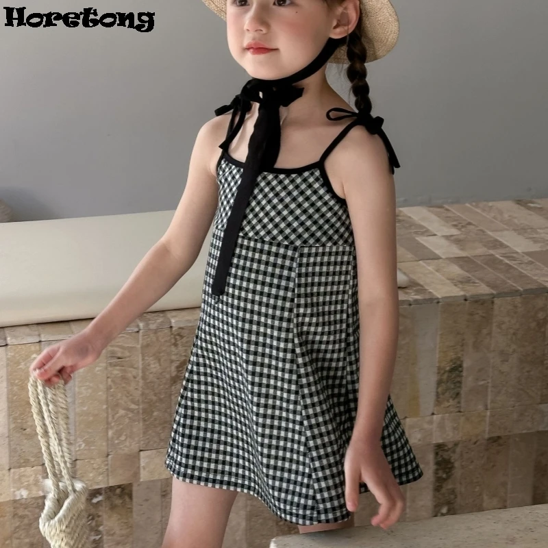 Horetong Children\'s Dress 2024 Summer New Girls Plaid Suspender Dresses Fashion Cute Kids Lace Up A-line Mini Dress Vestidos