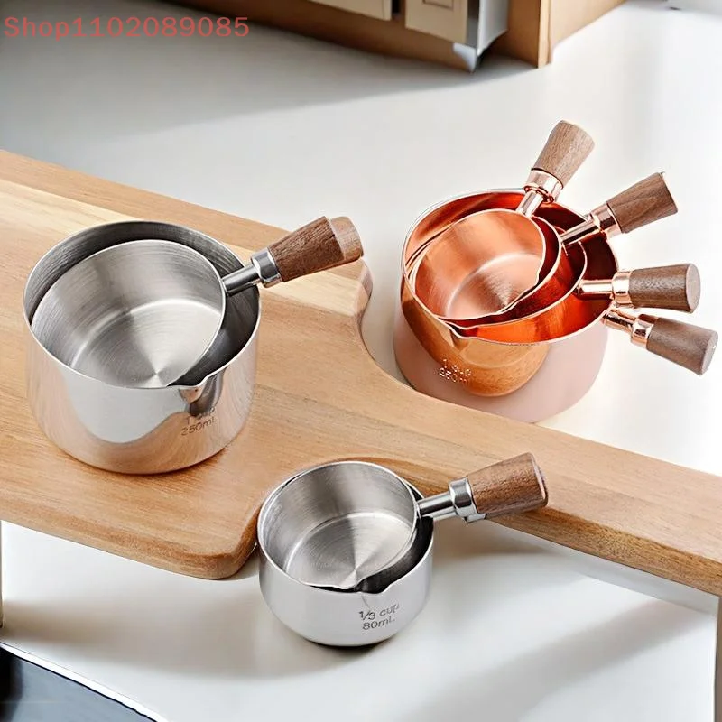 1 Pcs Stainless Steel Steak Sauce Cup With Walnut Handle Baking Measuring Spoon Reusable Food Storage Container Kitchen Tools