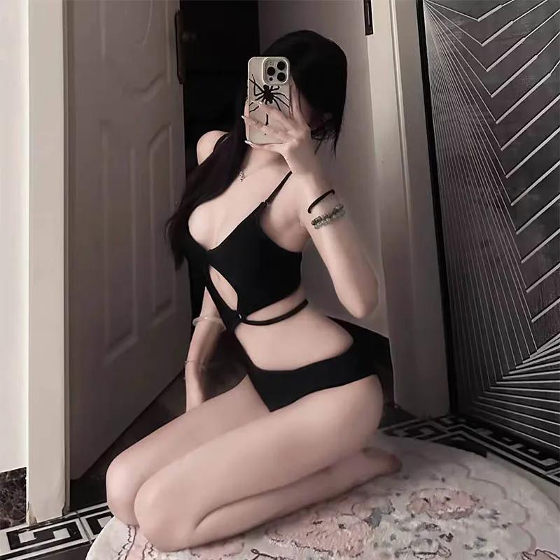 

Women's Sleeveless V Neck Spaghetti Strap Bodysuit Hollow out Sexy Black Rave Goth Outfit Back Hook Closure Punk Top