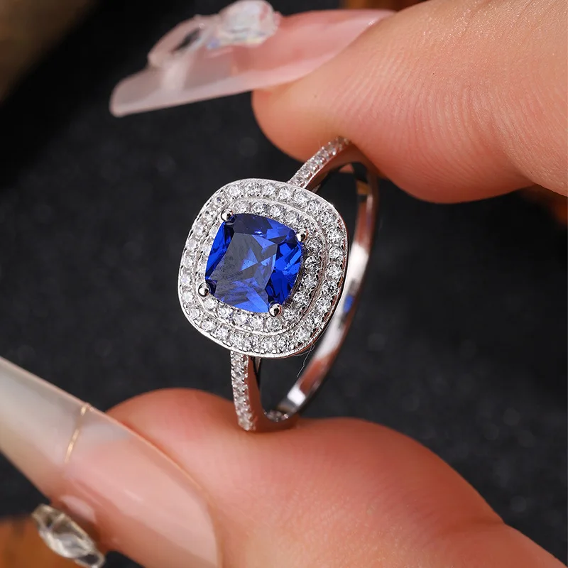 

Vintage Elegant 925 Sterling Silver Blue Sapphire Ring Full Pavé Diamond Inlay Brightening White Skin Unique Designer Daily Wear