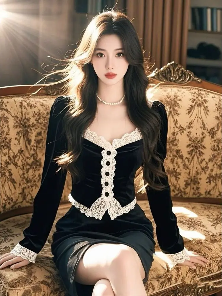 

Ele Bla Velvet Long Sve irt Женская мода Высококачественная красивая расширенная атмосфера для поездок на работу Sle Корейская версия Sl...