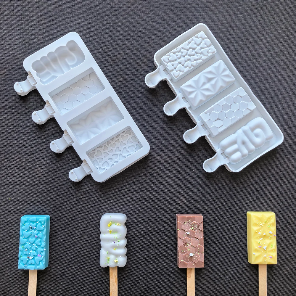 1pc 4-chamber heart-shaped crystal rectangular ice cream silicone mold DIY dessert popsicle ice cream mold tray ice cube making