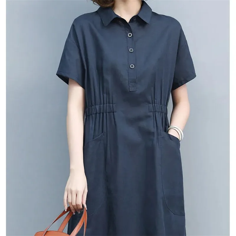 Fashion Cotton Linen Dress Female 2024 Spring Summer Autumn New Shirt Dresses Thin Elastic Waist Women's Dress Vestidos