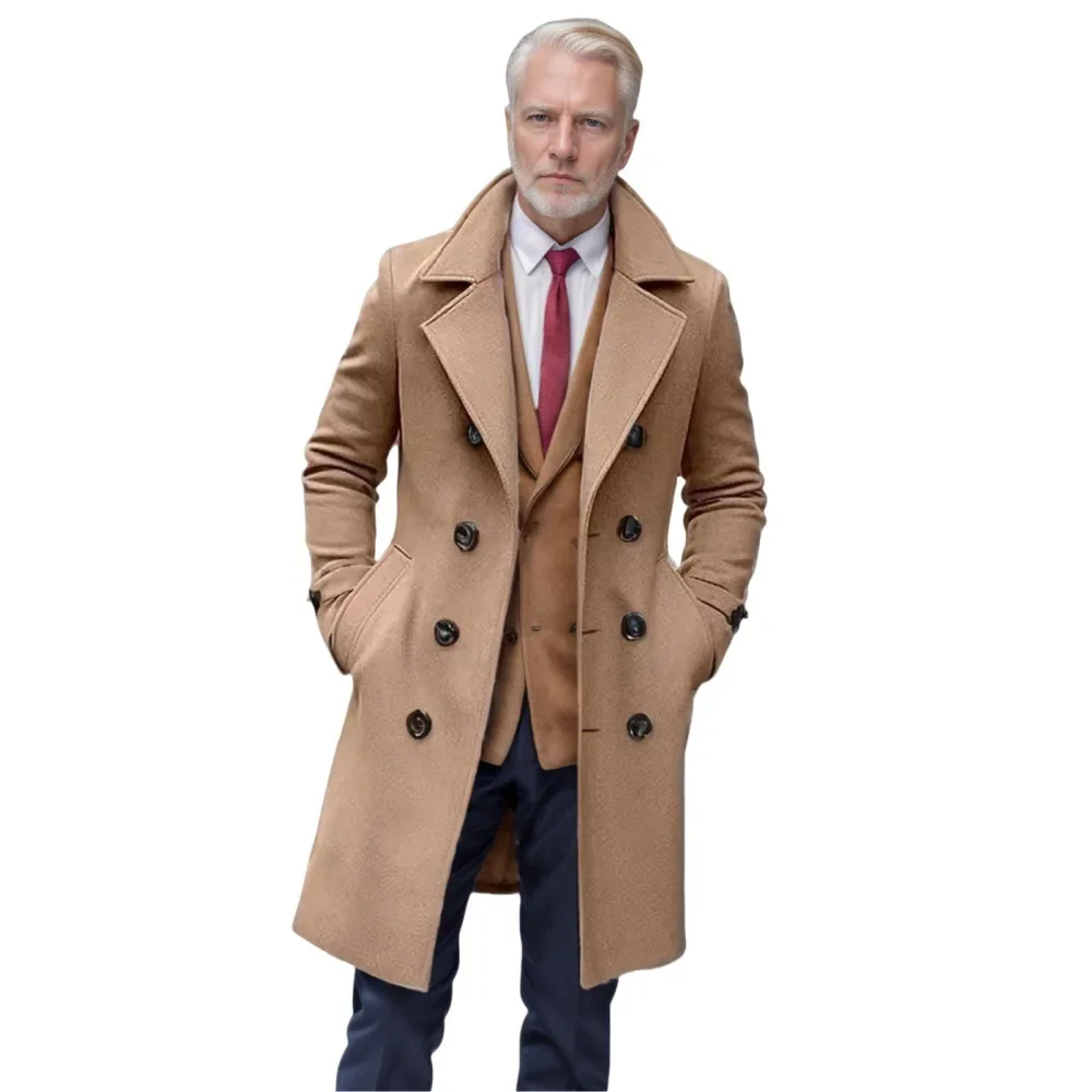 

Autumn Winter Men's Woolen Coats Business Casual Fashion Double Breasted Long Woolen Trench Male England Style Wool Blends Coat