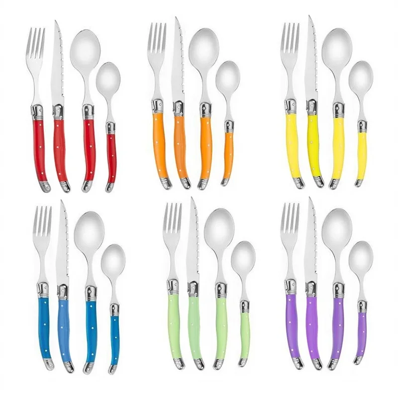 4-24pcs Rainbow Laguiole Cutlery Colorful Plastic Handle Tableware Black Steak knife Fork spoon Teaspoon Red Green Dinner set