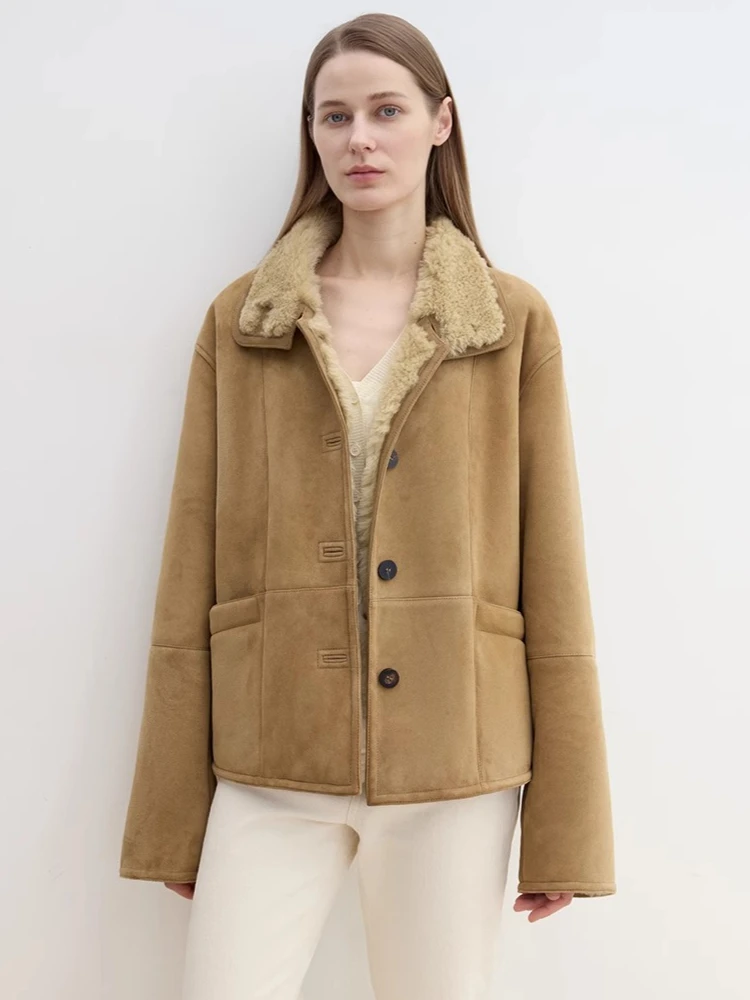 

Высококачественные роскошные зимние замшевые куртки из овечьего меха Merino для женщин, новинка 2023 года, простые винтажные короткие теплые пальто из натуральной кожи с натуральным мехом