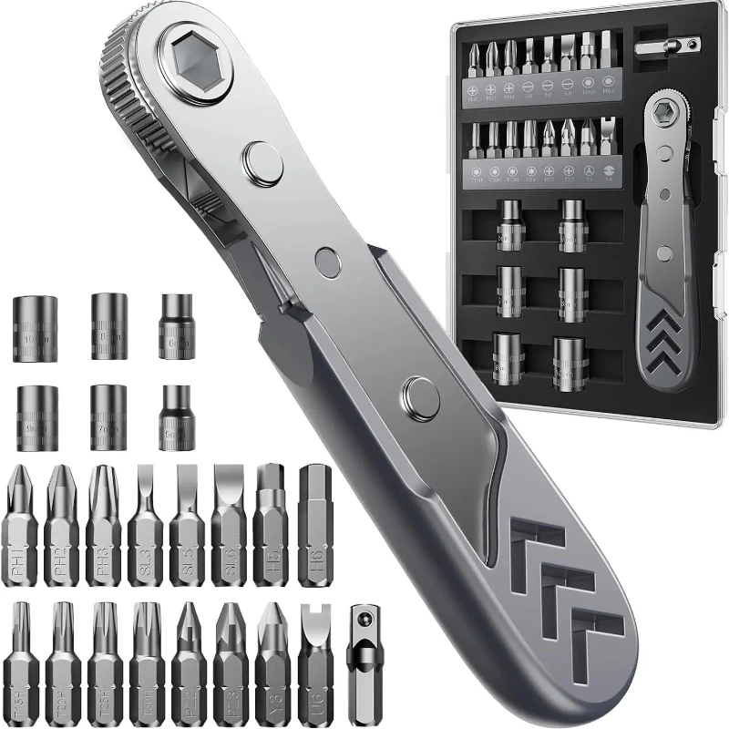 24-in-1 Right Angle Ratcheting Screwdriver Set, 36-Tooth Mini Ratchet Wrench, Magnetic Offset Screwdriver Repair Tool.