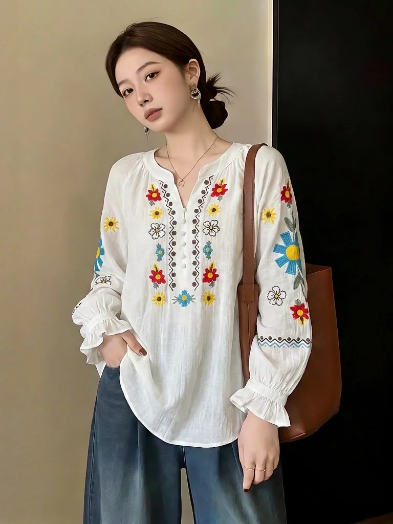 

Bohemian Style Embroidered V-Neck Shoulder Shirt Women's plus Size Summer New Fashion Big Flowers Holiday Style Top