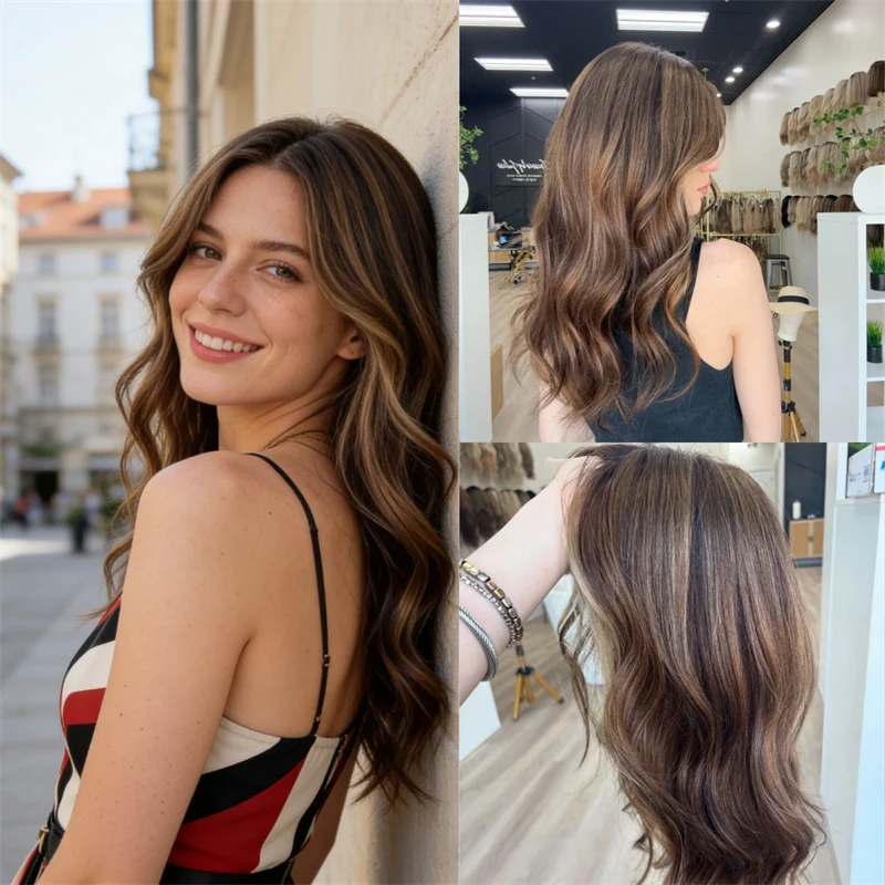 

Free Part Ombre Dark Caramel Brown Highlights Synthetic HD Lace Front Wig Natural Body Wave Wig for White Black Women Woman Wigs