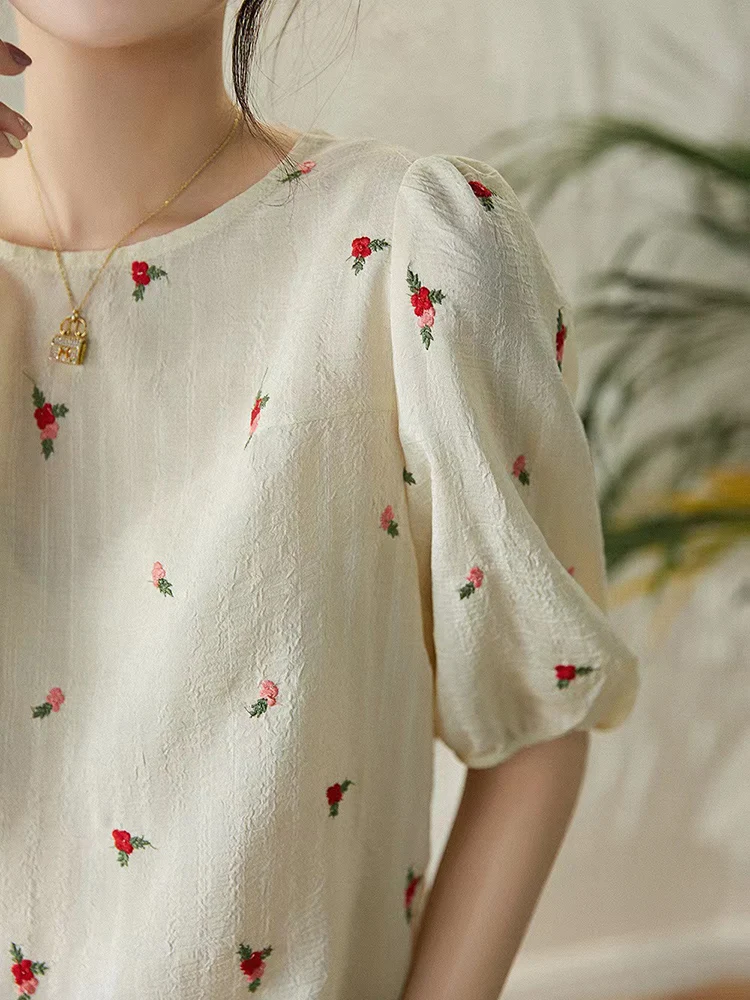 T-shirt brodé à fleurs vintage pour femmes, haut à manches bouffantes, vêtements d'été, mode 2023, 3/4