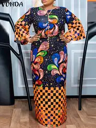 Plus Size 5XL VONDA Women Long Dress Long Flare Sleeve Printed Bohemian Maxi Vestidos 2024 Autumn Casual Loose Holiday Vestidos