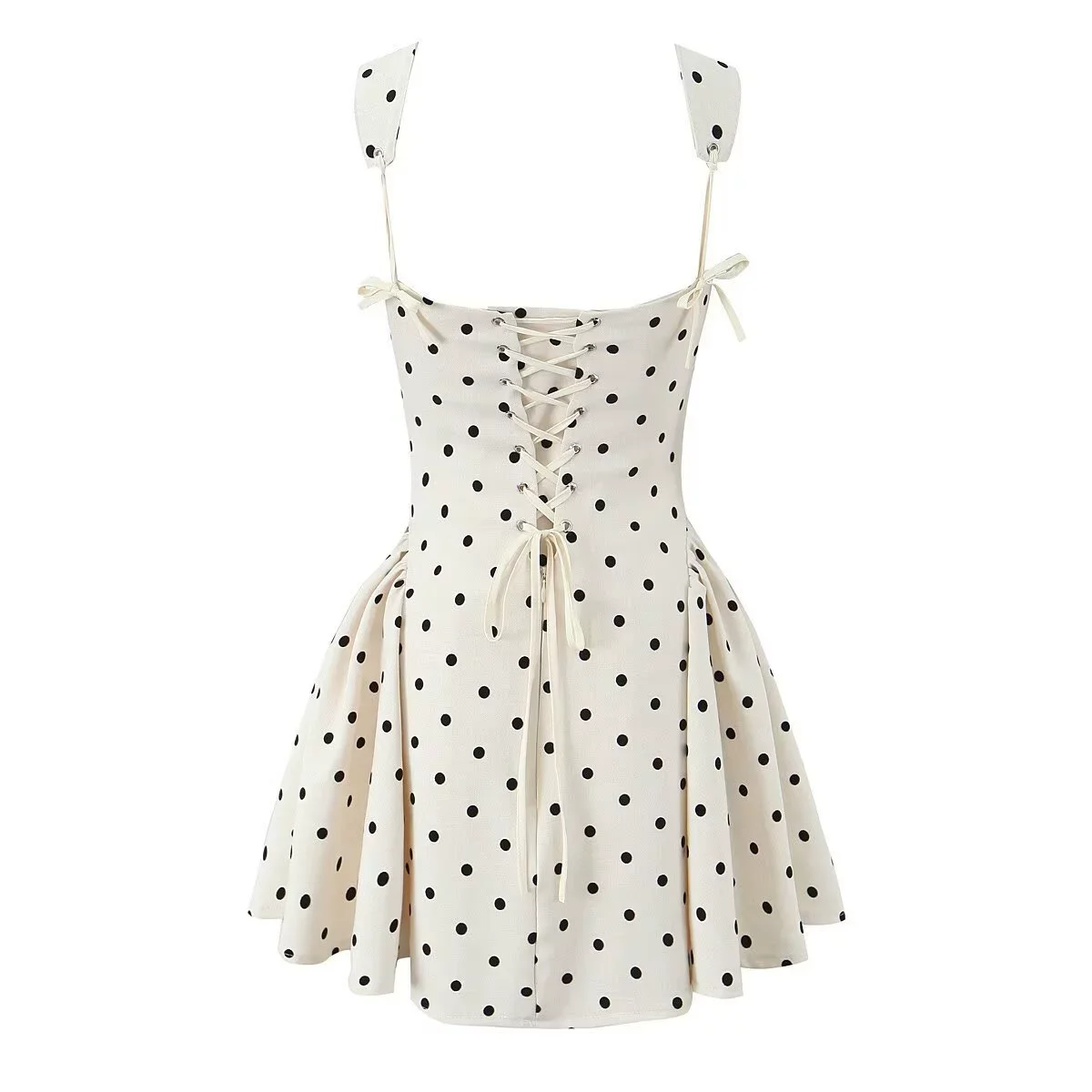 BWQ Donna Dot Stampato Slash Neck Canotta A-line Grembiule Mini abito 2025 Vacanze estive Festa di compleanno Abiti Vestiods