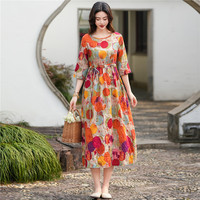 Half Sleeve Print Floral Cotton Linen Loose Vintage Summer Dress Fashion Women Holiday Travel Style Beach Casual Long Dresses