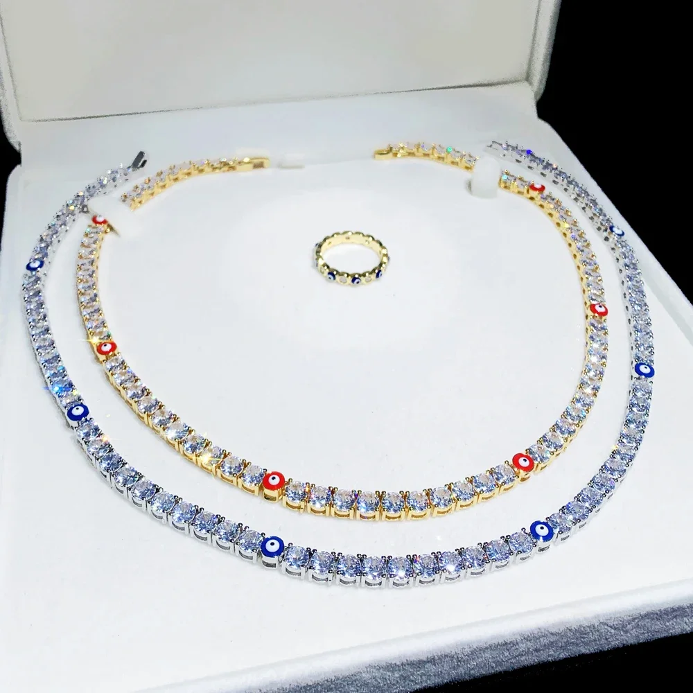 Turkish Blue Red Eyes 5mm Tennis Chain Iced Out Bling 5A CZ Cubic Zircon Luxury Choker Necklace Men Women Gift Hiphop Jewelry