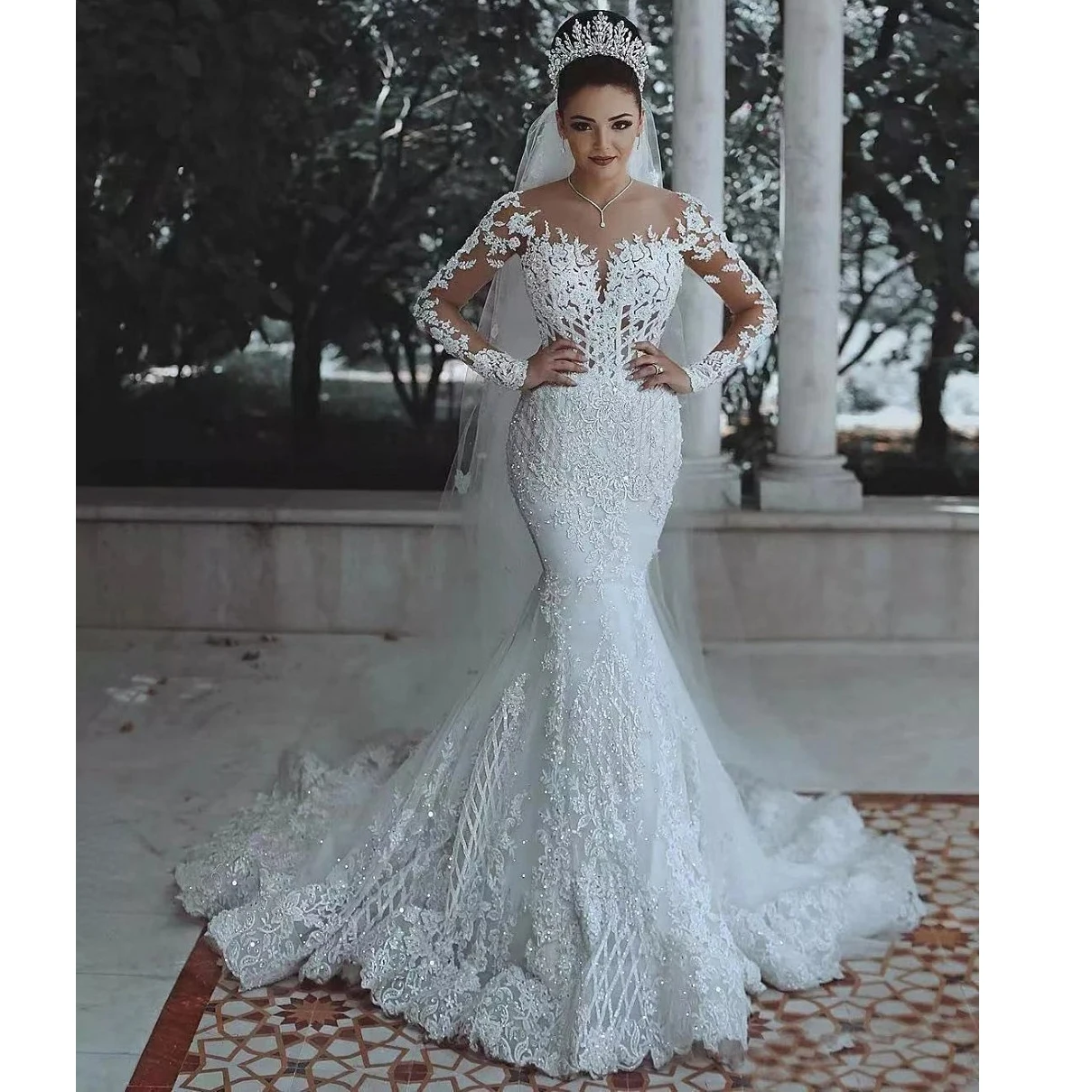 

Wedding Dresses Sexy Mermaid Long Sleeves 2024 Beads Lace Illusion Court Train See Through Back Lace Bride Dress Gowns Luxury