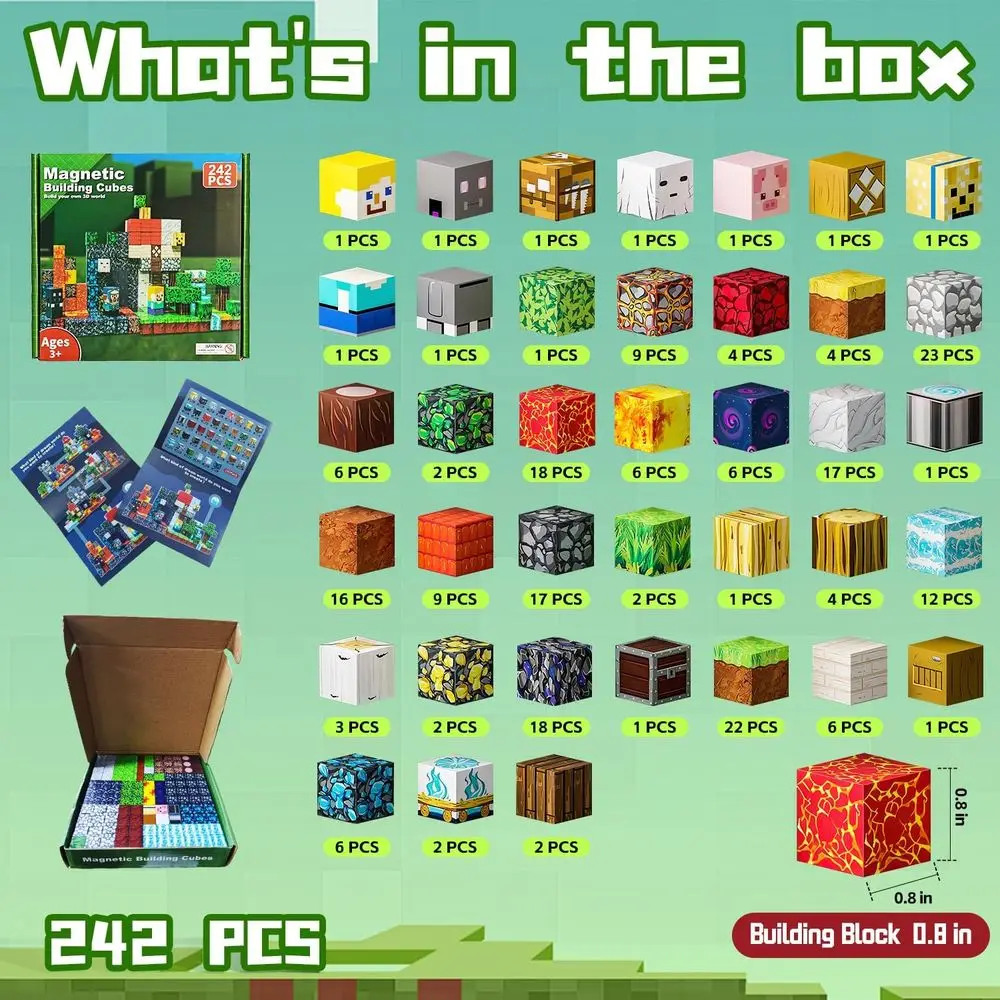 磁気ビルディングブロックセット、242ピース、0.8キューブ、子供向けSTEMおもちゃ（3～8歳）、収納バッグ付き、4～10歳向けの理想的なギフト