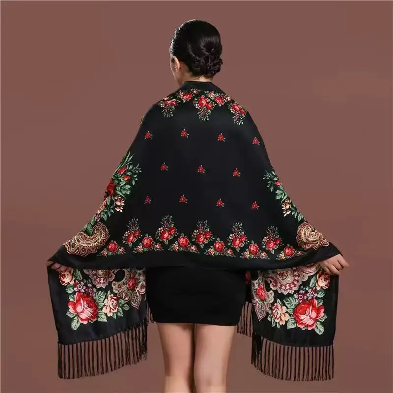 

"SS25 Exotic Peony Shawl - Vintage Boho Oriental Print with Tassel Trim, Elegant Winter Wrap"