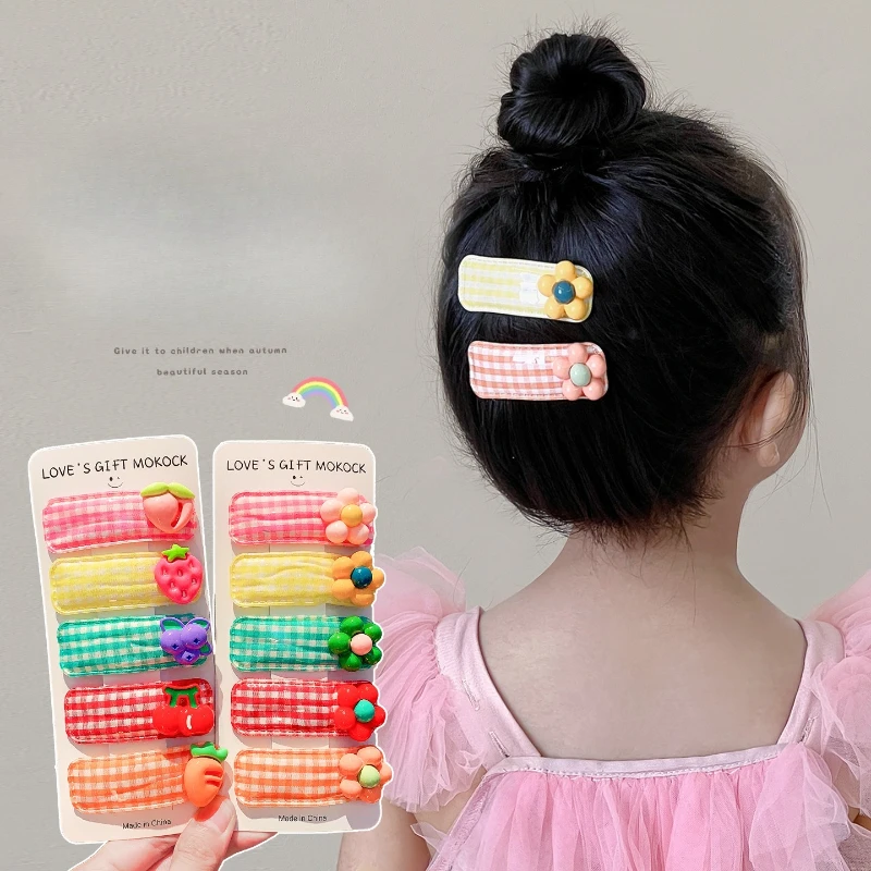 

5 Pcs/Set New Children Fabric Cartoon Fruits Ornament Hair Clips Baby Girls Cute Flower Barrettes Hairpins Kids Hair Accessories
