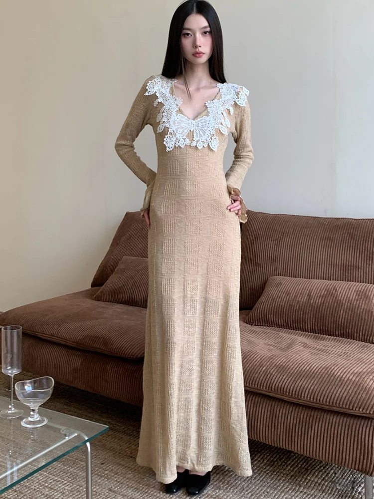

Women Knitted Patchwork Lace V-Neck Long Dress Autumn Winter Elegant Bodycon Dress with Long Sleeve 2025 Korean Vintage Vestidos