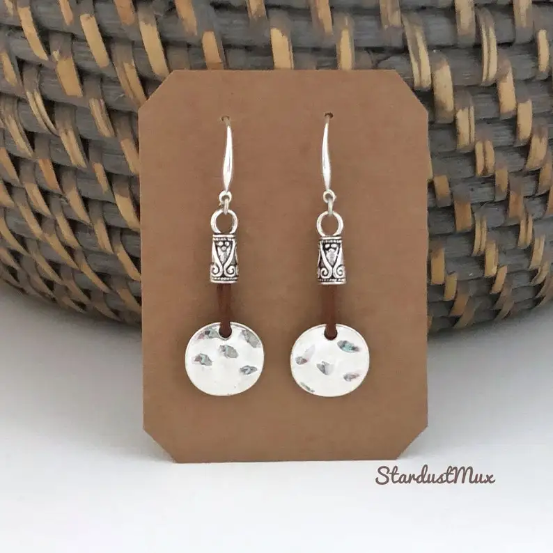 Earrings with hammered silver elements and leather/bohemian ethnic earrings/boho dangle earrings/dainty drop earrings/earrings