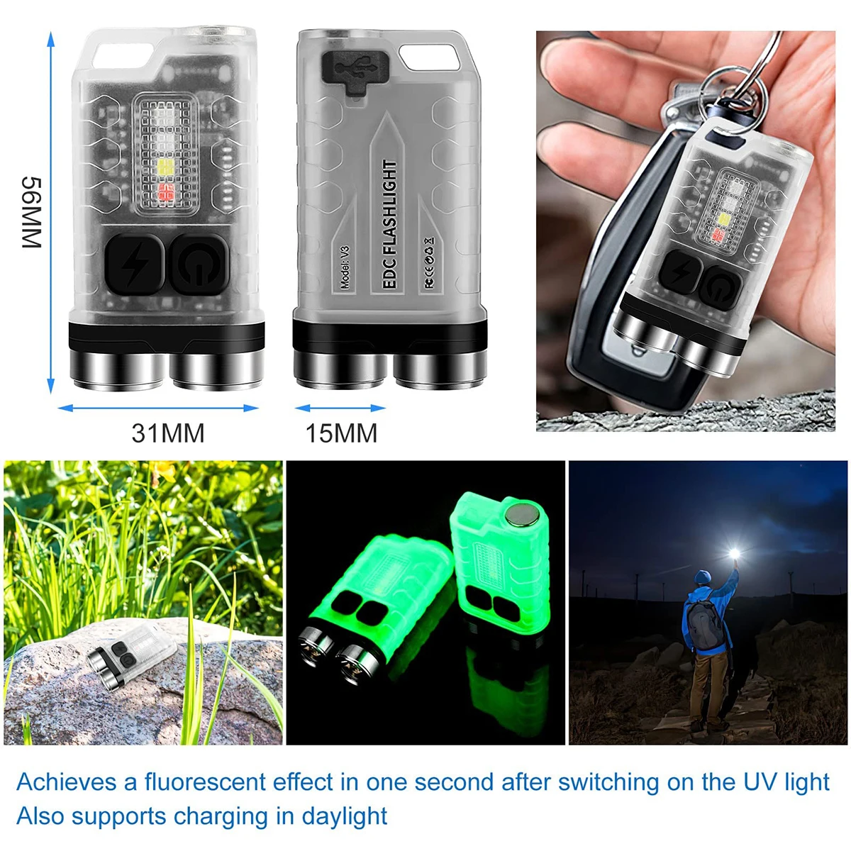 V3 Led Keychain Portable Flashlight Usb Charging Waterproof Rechargeable Uv Powerful Mini Type C High Powered Flashlights Pocket