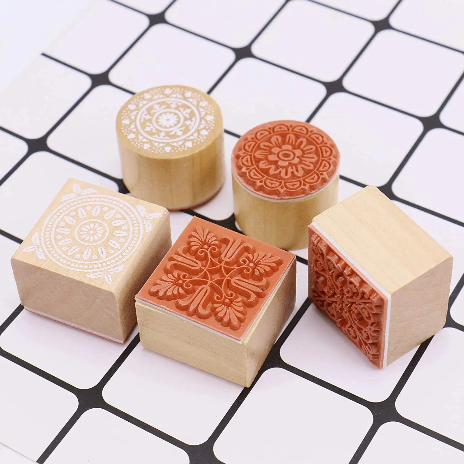 Wooden Emboss Stamps Floral Pattern Round Square Baroque Mandala Lace Texture Rubber Stamp for Ceramic Pottery Polymer Clay Tool