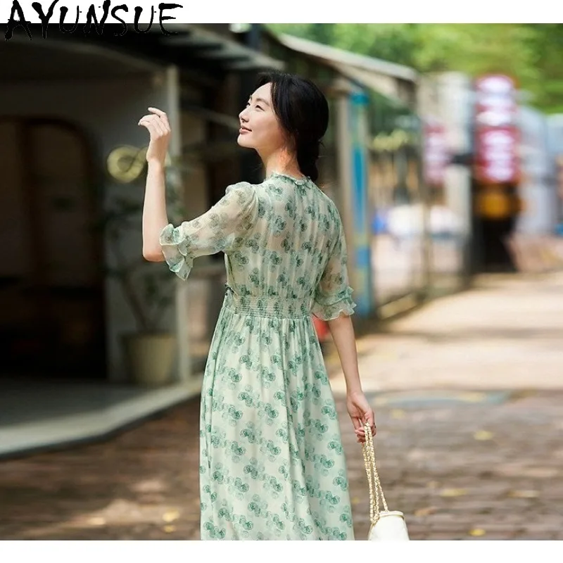 AYUNSUE 100% vestidos elegantes de seda Mulberry para mujer, vestidos verdes de verano con cuello en V, vestidos largos, ropa de mujer, Vêtement Femme