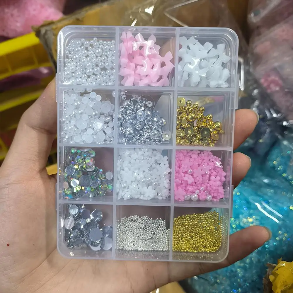 12 griglie 3D acrilico fiore arco lecca-lecca pendenti per unghie simulazione perla cuore/stella decorazioni per unghie accessori per unghie in resina fai da te