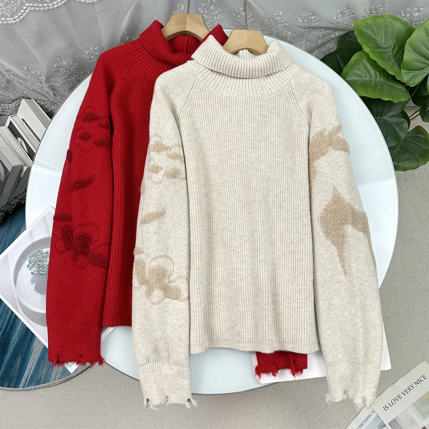 

Zhaoliying Winter 2025 High Neck Knitted Sweater Long Sleeve Women's Pullover Embroidered Pegasus Loose Fit Plant Floral