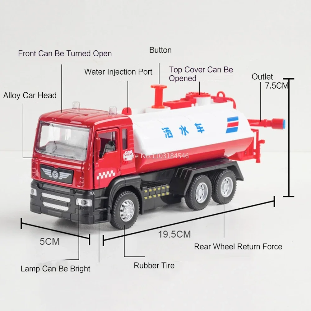 Modèle de camion d'arrosage, jouets de voiture en alliage moulé sous pression, véhicule d'ingénierie, pneu en caoutchouc, son et lumière, jouet de traction, cadeau d'anniversaire pour enfant