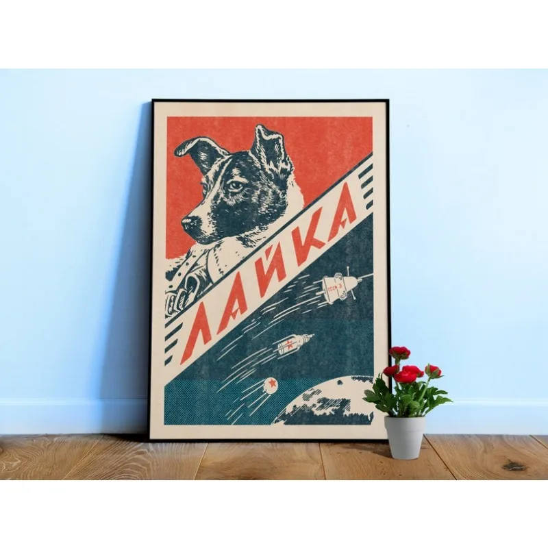 2D/Flat Retro Laika / USSR Soviet Canvas Poster, Frameless Vintage Space Wall Art Print for Living Room and Bedroom Decortions