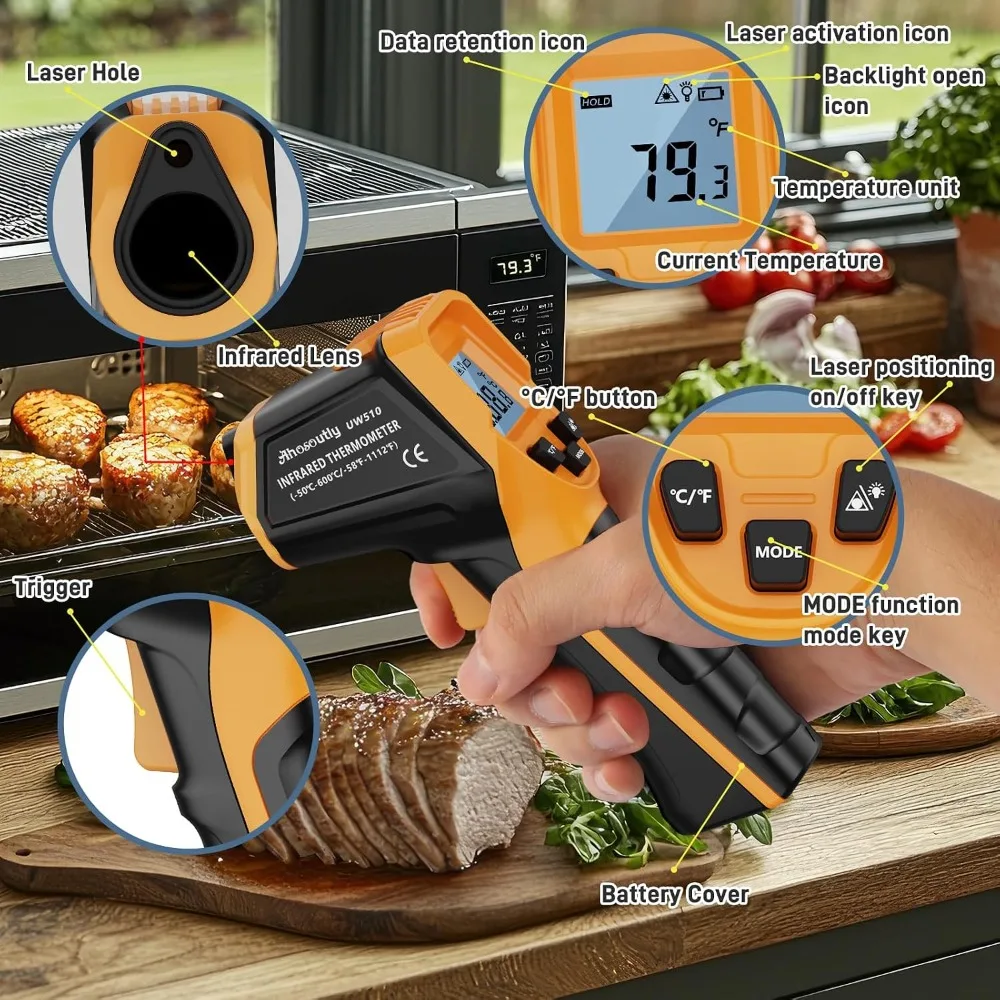 Infrared Thermometer Laser Temp Gun -58°F to 1112°F, Calibration & Adjustable Emissivity, Min/Max, for Cooking, HVAC, Auto view 6