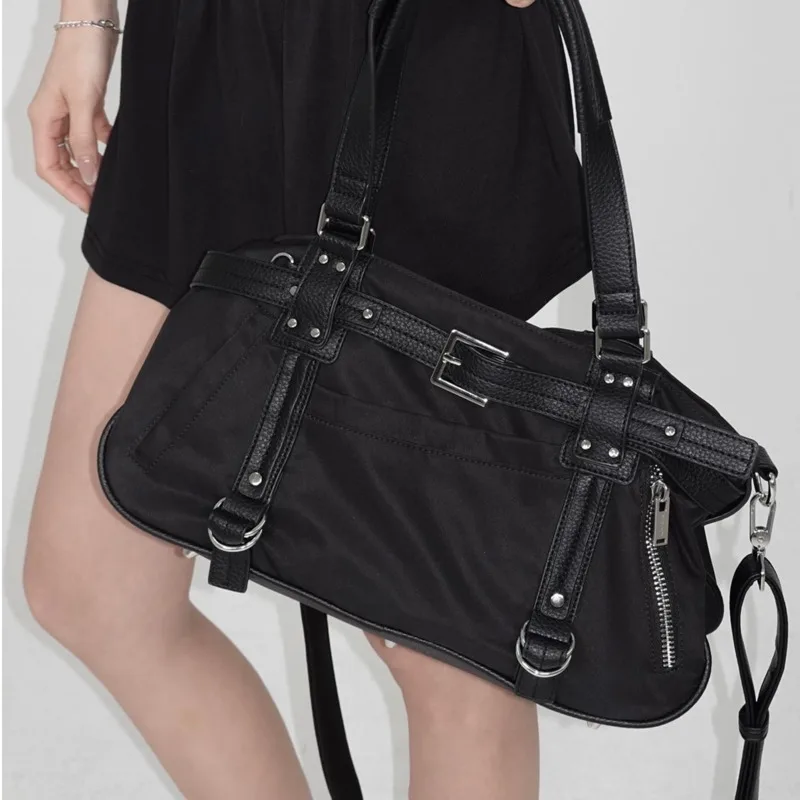 pink Korean niche design ins blogger same style sweet and cool style belt tote bag casual nylon cloth shoulder bag image 6