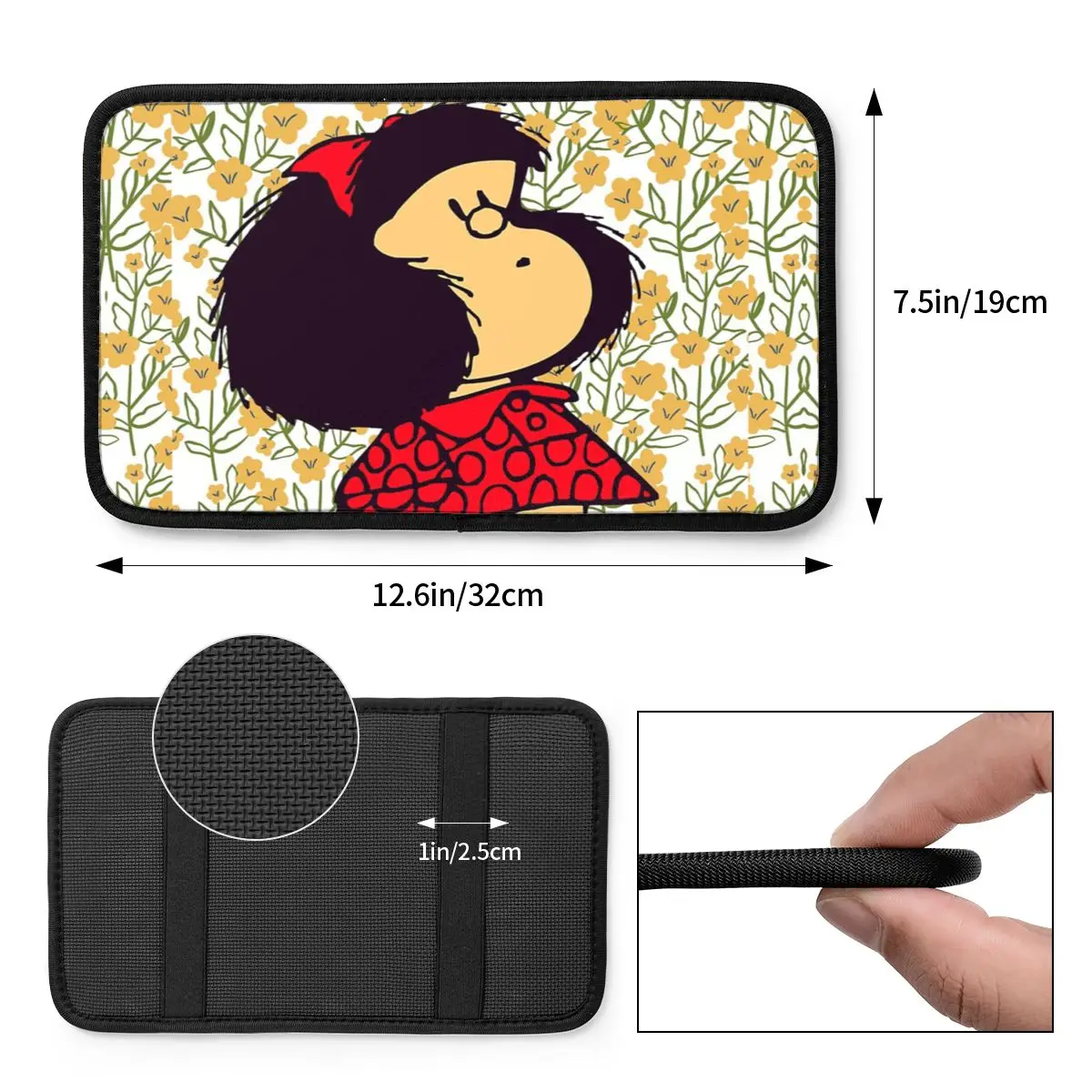 Leather Center Handle Box Pad Cushion Universal Mafalda And Flowers Car Arm Rest Cover Mat Kawaii Cartoon Storage Box Cover