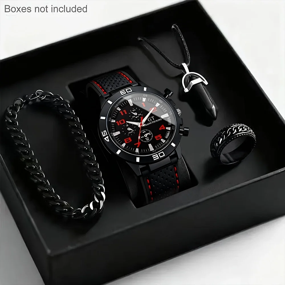 4Pc Men's New Quartz Watch + Accessory Set, Luxurious and Elegant, Silicone Strap, Practical and Versatile Design, the Best Gift Choice for Father or Boyfriend (No Gift Box Included)