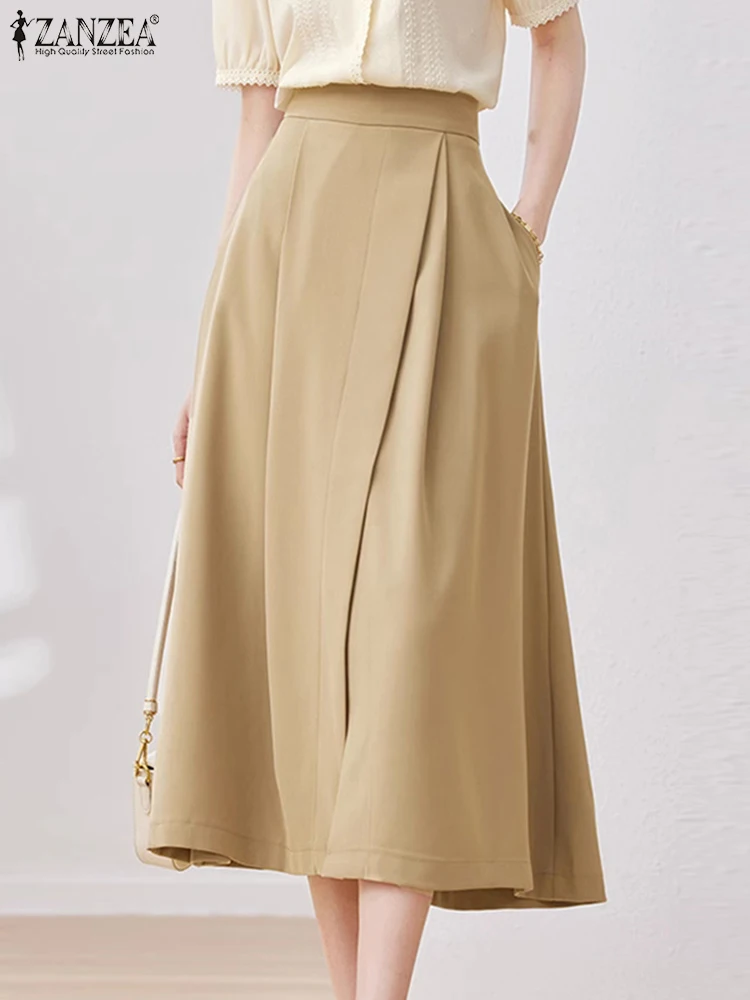 ZANZEA Elegant High Waist Office OL Skirt Women Casual Solid Midi Skirt Fashion Slit Hem Faldas Robe Woman Pleated Sundress 2024