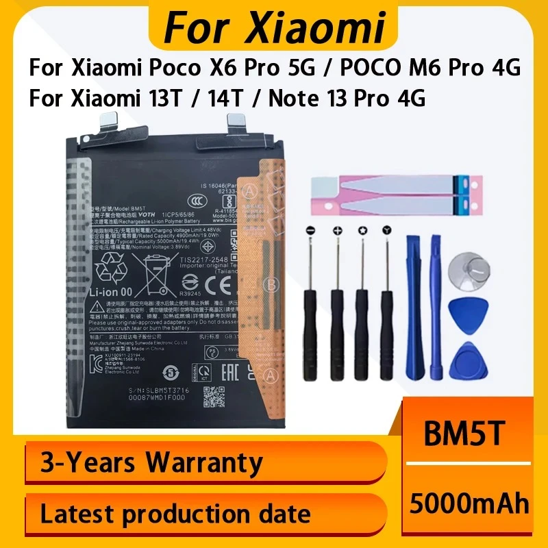 100% NEW 5000mAh BM5T Battery For Xiaomi 13T/14T/Note 13 Pro 4G/Poco X6 Pro 5G/POCO M6 Pro 4G Batteries Batterij+Tools