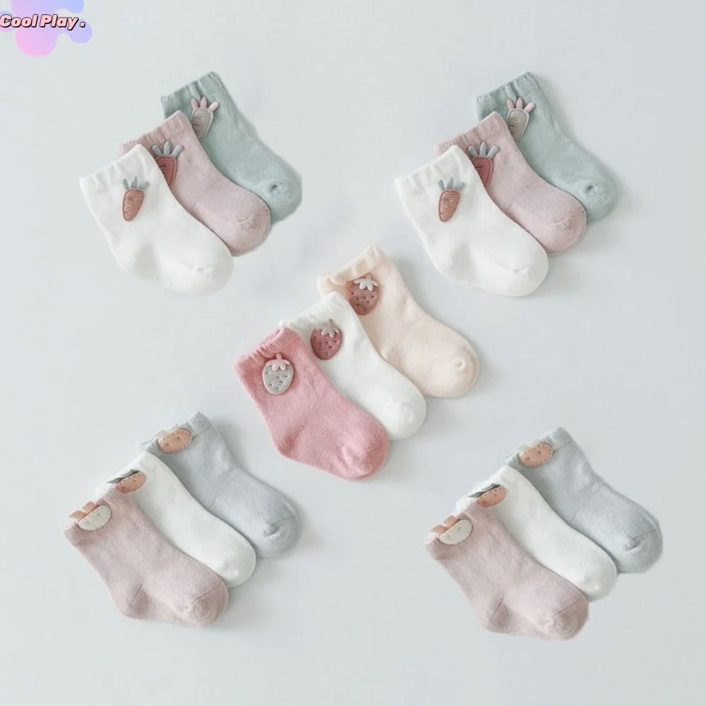 

3Pairs Fashion Rabbit Baby Cotton Socks Strawberry Breathable Toddle Short Tube Socks Radish Cute Newborn Cartoon Socks Autumn